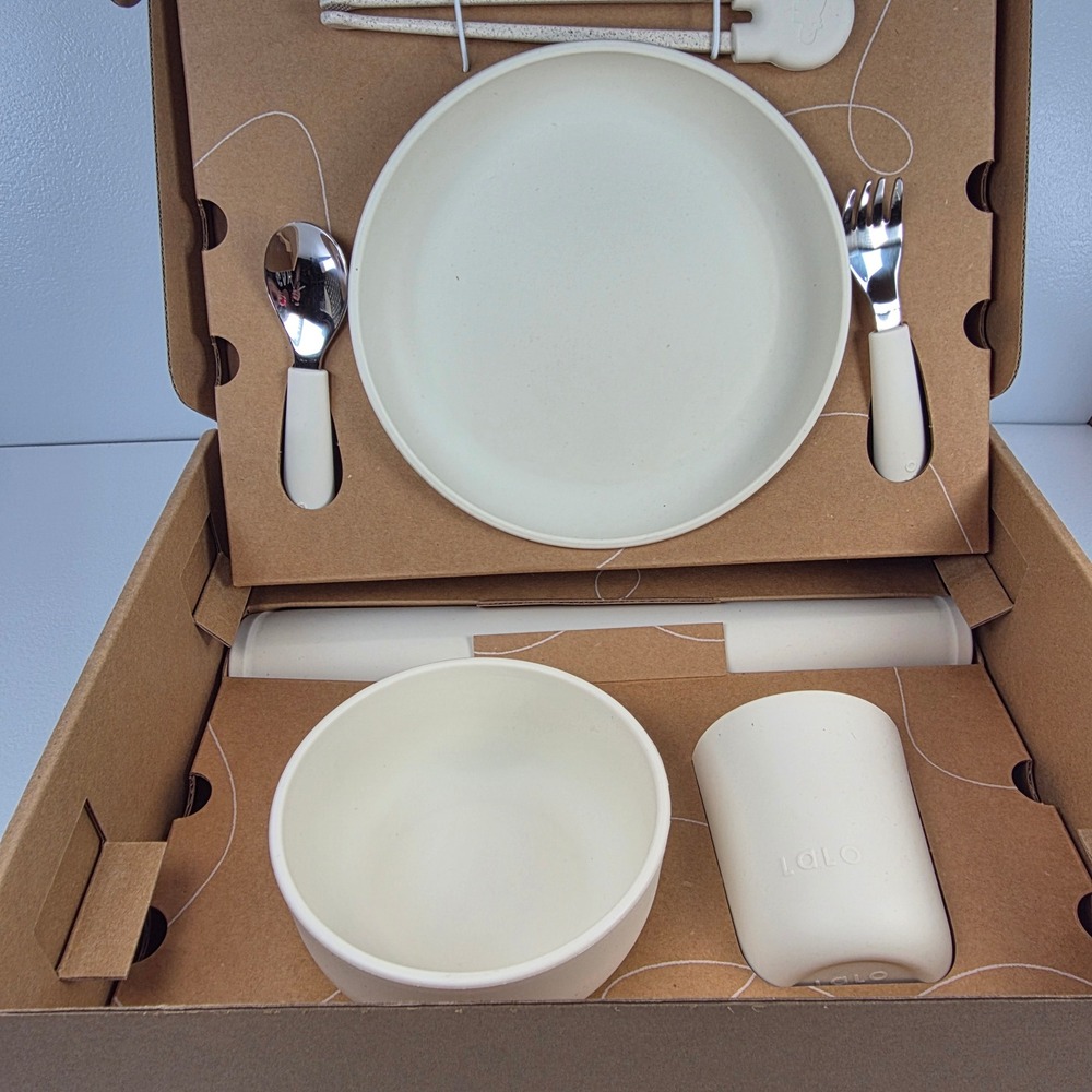 Lalo Big Bites FULL KIT Toddler Baby Utensils Plate Bowl‎ Cup WHITE CREAM